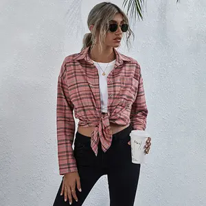 Women Plaid Pattern Button Shirt Girls Preppy Loose Tops Front Knot And Front Pocket Blouse