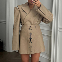 Ensemble élégant 2026 : Blazer à manches longues et mini-jupe taille haute en similicuir PU kaki, coupe ample, pour le bureau, deux pièces pour femme