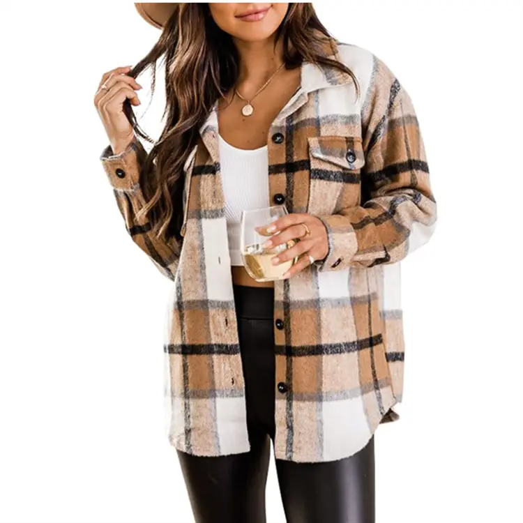 Damen Plaid Shacket Casual Flanell Shirt Langarm Cord Mantel Button Down Jacke Shacket 2022 Mode Kleidung DOM107-13