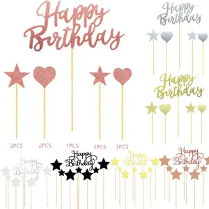 Grosir kustom multiwarna kartu selamat ulang tahun kue Toppers Cupcake ulang tahun kertas bulan perak emas merah
