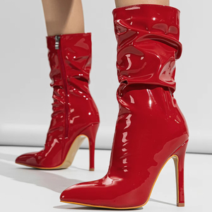 Nuovo stile da donna in <span class=keywords><strong>pelle</strong></span> verniciata rossa tacchi alti Sexy tacchi a punta sottili <span class=keywords><strong>stivali</strong></span> per scarpe da festa da donna - Product Image 1