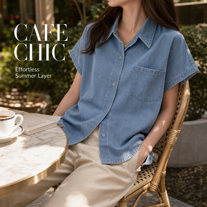 Camicia da <span class=keywords><strong>donna</strong></span> in denim lavato a maniche corte, vestibilità regolare, tinta unita, stile retrò, alla moda, nuova collezione estiva 2026 - Ingrosso Boutique - Product Image 6