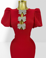 Robe Chic 2026 avec Nœud en Strass et Manches Bouffantes : Robe Moulante Bandage Élégante à Découpes pour Soirée et Cérémonie pour Femme