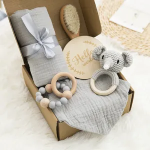 Customized Unique Light Grey Baby Gift Set Including Muslin Fabric Blanket Muslin Bib Toy With Gift Box