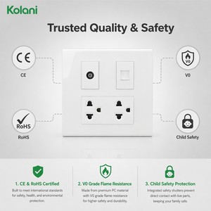 Plaque murale triple module carrée Kolani 120, prise universelle 6 trous TV/CATV/téléphone 16A 250V 4 sorties, panneau PC blanc brillant - Product Image 4