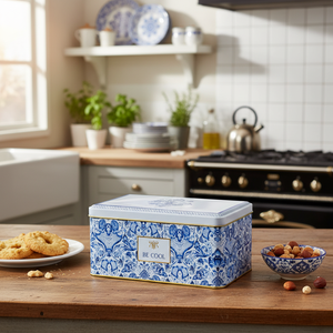 Kontensan Rectangular 140x240x100 mm Metal <b>Storage</b> Tin <b>Box</b> 3.1L Capacity Azulejo-Inspired <b>Blue</b> White Decorative Food Grade - Product Image 3