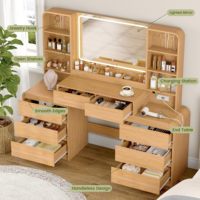 Coiffeuse minimaliste avec miroir LED, 10 tiroirs, table de maquillage et station de charge pour femmes et filles, chambre à coucher