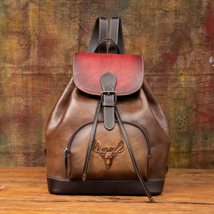 Bolso Ando Vintage de Cuero Vacuno para Mujer, Mochila con Cordón y Estampado de Ciervo, con Bolsillo Frontal con Cremallera - Product Image 5