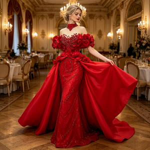 Wine <strong>Red</strong> <strong>Sequined</strong> A-Line Floral Shoulder Two-Piece Evening Dresses Crystals Formal Long Prom 2026 Customized Night Party Robe - Product Image 2
