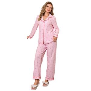 ชุดนอนผู้หญิงลายทางสีชมพูพิมพ์ลายโบว์ ผ้าเทนเซลไมโครโมดอล แขนยาว ติดกระดุม มีกระเป๋า - Product Image 1