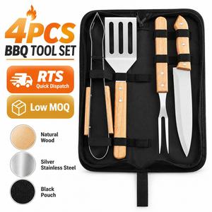 4-Piece <b>Wooden</b> Handle Stainless Steel BBQ Grill <b>Tool</b> <b>Set</b> with Carrying Bag - Product Image 1