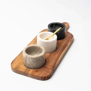 japanese personalized custom acacia wood bamboo serving tray 3 marble server pots 1 brass toned spoon with handle