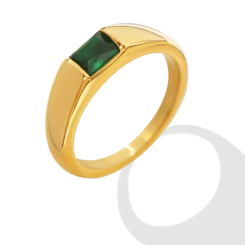 High End 18K PVD Gold Plated Green Zirconia Elegance Rings Stainless Steel Women Rings Tarnish Free Jewelry