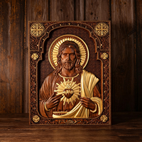 Icône du Sacré-Cœur de Jésus en bois sculpté à la main, plaque murale religieuse dorée, décoration catholique chrétienne pour la maison