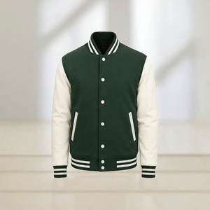 <b>Men's</b> Varsity Jacket Green <b>White</b> Sleeve Stand Collar Button Front Casual Winter <b>Coat</b> OEM Service - Product Image 3