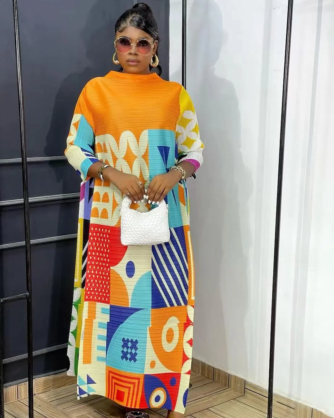 Miyake-Vestidos plisados con estampado geométrico para mujer, ropa informal holgada con mangas 3/4, novedad de otoño, 2022