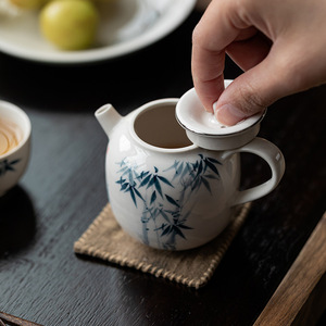 Hand Painted Porcelain Teapot With Lid Round Shape Blue Bamboo Design Kung Fu <b>Tea</b> <b>Set</b> Small Size Afternoon <b>Tea</b> Use - Product Image 2