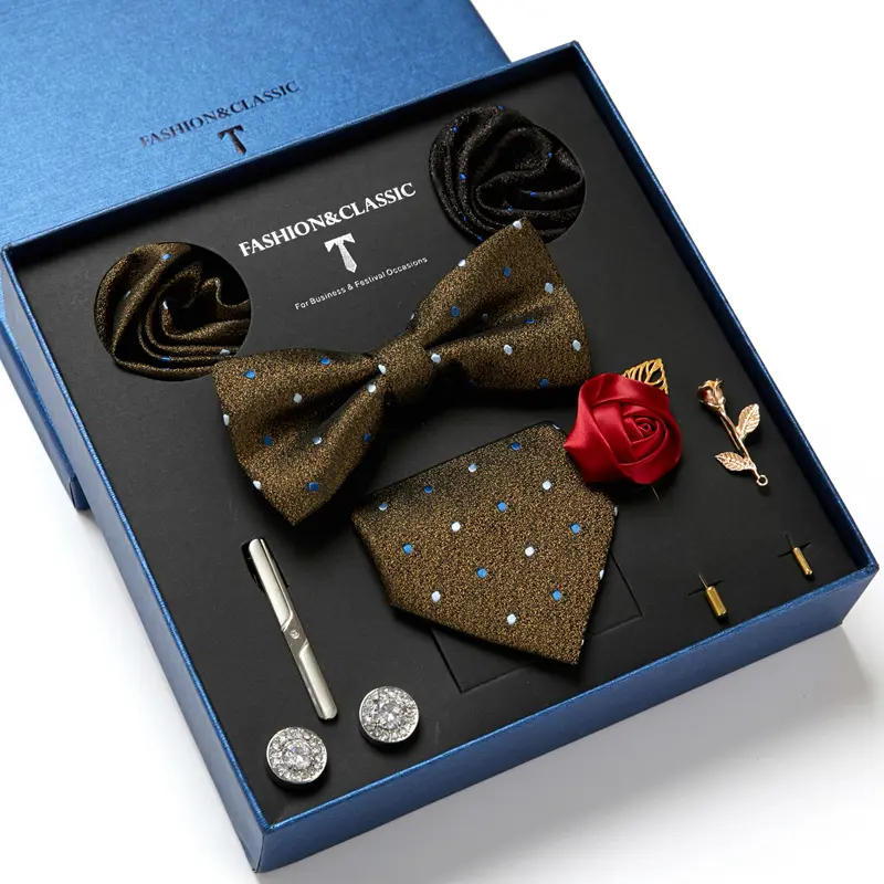 Boite à cravate en soie pochette carrée, 8 pièces, ensemble de produit, cravate, barre à nœud papillon, cadeau