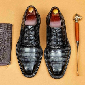 Chaussures habillées pour hommes en cuir véritable noir à motif crocodile, bout pointu, à lacets, pour le bureau, la carrière, toutes saisons - Product Image 5