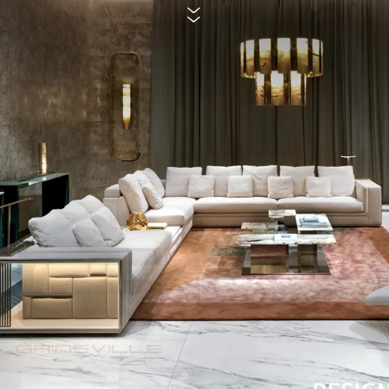Gainsville Luxury New design L shaped sectional sofa living room furniture modern real leather sofa set with led light