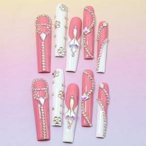 ราคาโรงงาน ขายส่ง ดีไซน์สีชมพู เล็บปลอมทำมือแบบกดติด 10 ชิ้น ทรงโลงศพ เล็บอะคริลิคปลอม 3 มิติ เล็บปลอมสั่งทำได้ - Product Image 3