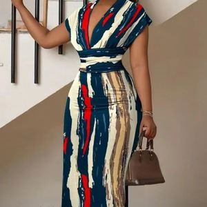 Abito Aderente da Donna e Abito Midi Stampato con Scollo a V, Vita Alta Naturale, Orlo Dritto, per Cocktail Party Estivo - Product Image 1