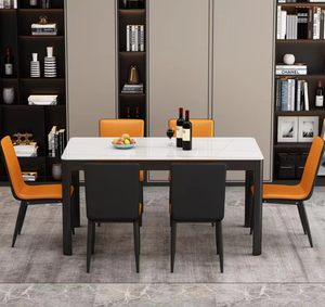 Juego de Comedor Moderno con Mesa Rectangular de Vidrio Templado y 6 Sillas, Estructura Negra, Tapicería Azul Claro, Muebles para el Hogar - Product Image 3