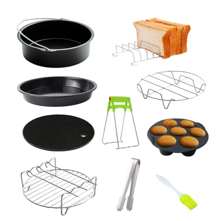 10Pcs Air Fryer Accessory Kit Frying Baking Pan Rack Pizza Tray Pot Metal Holder Bread Bracket Cupcake Mould Set for 3.2QT-5.8QT