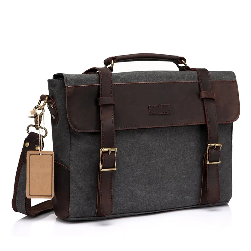Casual Leather Canvas Messenger Bag men for 14 inch Laptop