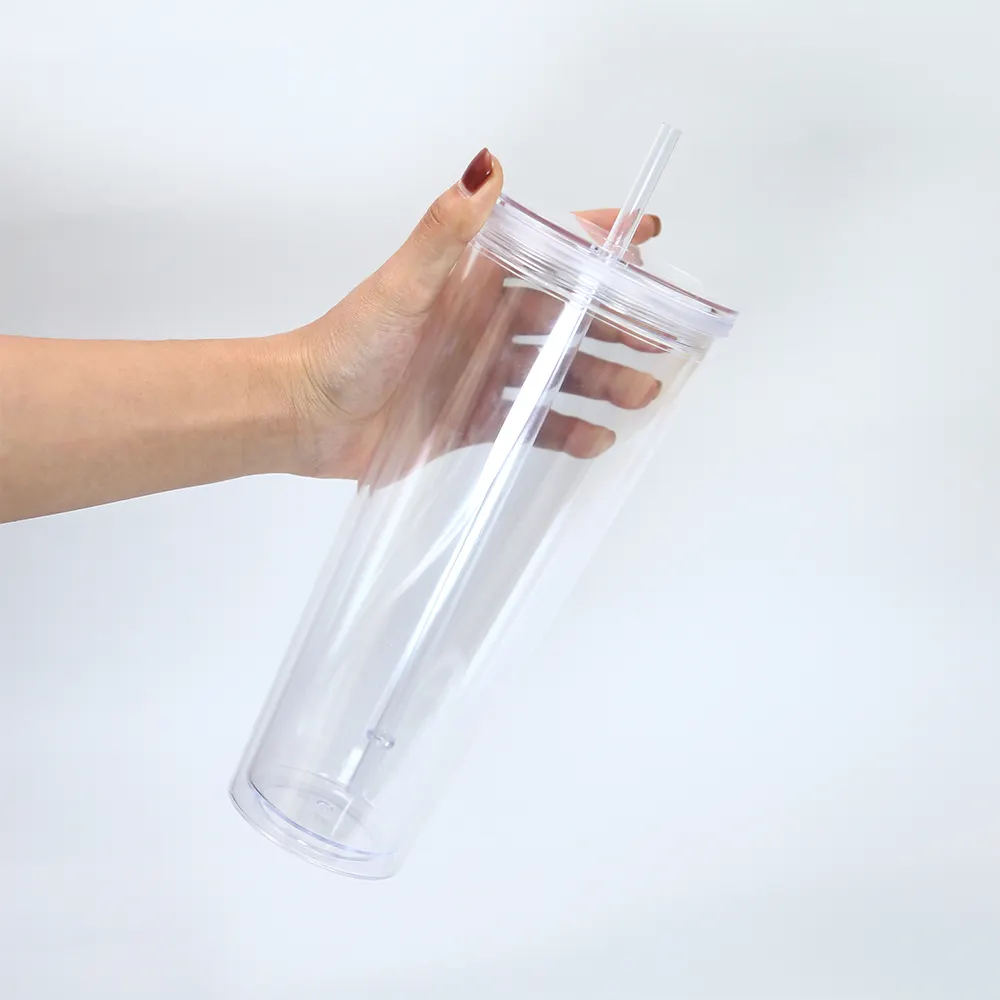 แก้วอะคริลิกใส24ออนซ์พร้อมหลอดและฝาแก้วพลาสติกผนังสองชั้นแบบมีรู