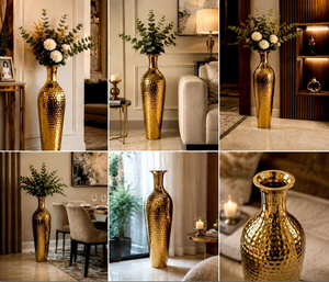 Vase de sol en métal martelé finition or fait main pour la décoration intérieure, grand vase décoratif pour fleurs, vase d'appoint rustique moderne et haut - Product Image 5