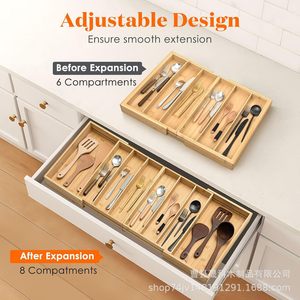 Wooden Cutlery <b>Box</b> With Compartments Expandable <b>Kitchen</b> Drawer Organizer <b>Storage</b> Tray Rectangular Multipurpose - Product Image 1