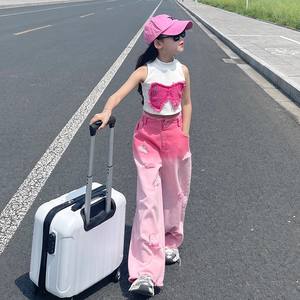 Kız Çocuk İki Parçalı Pamuklu Yırtık Degrade Kot Pantolon Yazlık Yeni Orta Boy Çocuk İnce Stil Modaya Uygun Bol Yüksek Bel Giyim Seti - Product Image 3