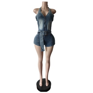 Viviblook Z528RP03 Nouveau Bodycon Denim Halter Lacets Sans Manches Élastique Une Pièce Barboteuse pour Femme - Product Image 2