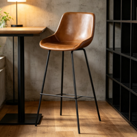 Tabouret de bar vintage en cuir PU avec dossier et pieds en fer, hauteur de comptoir pour îlot de cuisine et bar de café