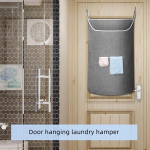 Panier à linge suspendu extra-large gris rectangulaire avec poche frontale pour le rangement des vêtements, type crochet pour fixation sur porte ou mur - Product Image 3
