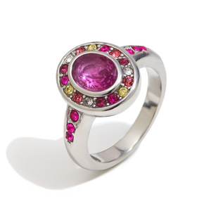 Women's 18K Gold Plated Cocktail <b>Ring</b> With Natural Oval Ruby Bezel Setting And Pink Gemstones Glam Engagement <b>Statement</b> <b>Ring</b> - Product Image 2