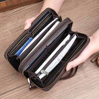 Dompet Panjang Pria Kulit Asli Berembos Kapasitas Besar Dua Lapis Ritsleting Kantong Koin Multifungsi Poliester