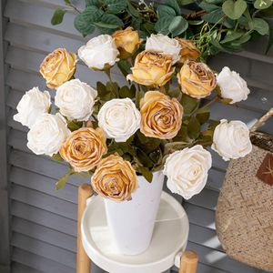 ดอกกุหลาบประดิษฐ์ CallaFloral ก้านเดี่ยว ขอบสีไหม้ สำหรับตกแต่งงานแต่งงาน สีเหลืองขาว งานฝีมือผ้าทอ - Product Image 1