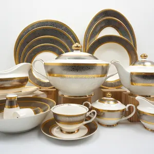 Ceramic Tableware Fancy Plates Emboss Platinum And Gold Porcelain Dinner Set