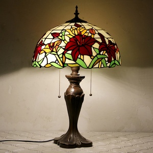 LongHuiJing Tiffany Style Reading Desk Lamp <b>Red</b> Floral Stained Glass Lamo Lampshade Table Lights Home Table Lamp Stand Lamp - Product Image 5
