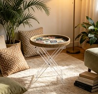 Table d'appoint carrée pliable en acrylique avec bord en corde tressée et mosaïque pour salon et hôtel