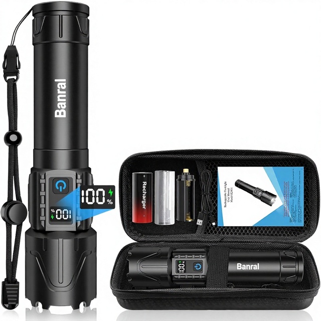 Banral Rechargeable Tactical Flashlight 2000 Lumens 5000mAh Super Bright LED IPX5 Waterproof Handheld USB-C 5 Modes Adjustable