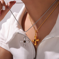 Nouveau Collier Femme Tendance Européen-Américain en Acier Inoxydable Électroplaqué avec Pendentif Croix en Pierre Œil de Tigre et Chaîne Cordon, Style Luxe Léger