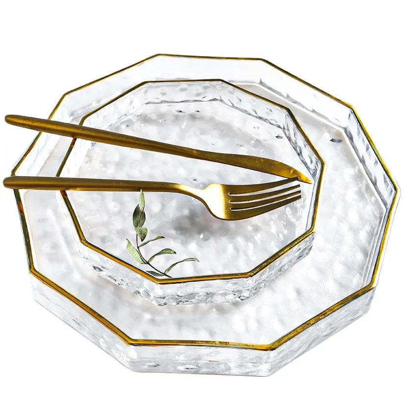 Juego de desvío de ducha con borde de panal Modular martillado, Decoración de mesa de boda transparente, placa de cargador de vidrio, vajilla de vidrio dorado moderno
