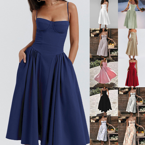 Abito Elegante da Donna all'Ingrosso con Spalline Sottili, Senza Maniche, Stampa Floreale, Linea ad A, Gonna Lunga Fluida, per Vacanze, Spiaggia, Casual, Uso Quotidiano - Product Image 3