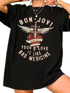 T-shirt da donna Bon Jovi taglie forti a maniche corte, stampa cartoon ali cuore slogan, streetwear vestibilità ampia tessuto morbido girocollo - Product Image 1