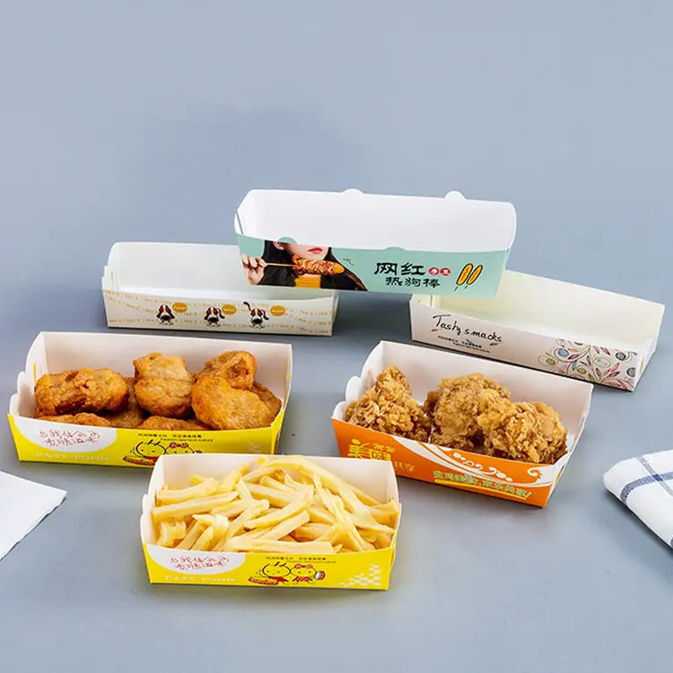 Entsorgung Individuell bedruckte Fast-Food-Hot-Dog-Stick Waffel behälter Tablett Verpackung zum Mitnehmen Kraftpapier-Verpackungs box Für Hot-Dog-Box