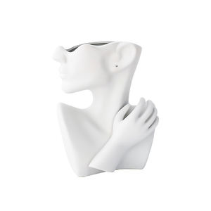Sculpture créative espagnole blanche en céramique argent demi-visage demi-Portrait <span class=keywords><strong>Vase</strong></span> moderne Art déco Design pour fleurs - Product Image 1