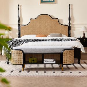 Light Luxury Modern Fabric <strong>Rattan</strong> Bed with Wooden Solid Legs <strong>Storage</strong> Stool for Home Use for Bedroom Living Room Lounge <strong>Bench</strong> - Product Image 3
